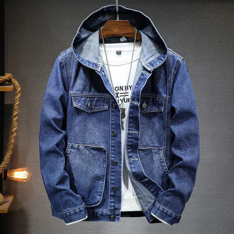 Frühlings-Herren-Jeansjacke mit Kapuze, lässige Mode, Sport-Jeansjacke S blau