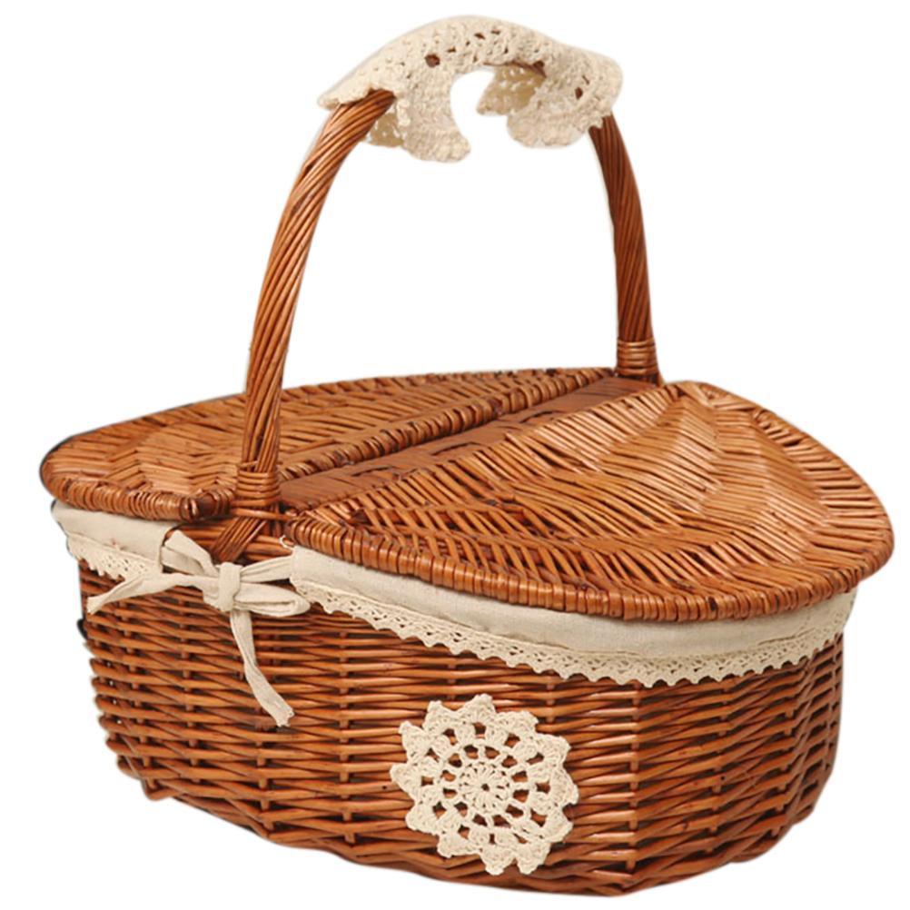 Picknickkorb, handgefertigt, Camping, Weide, Picknickkorb, Einkaufskorb, Aufbewahrungskorb mit Deckel und Holz