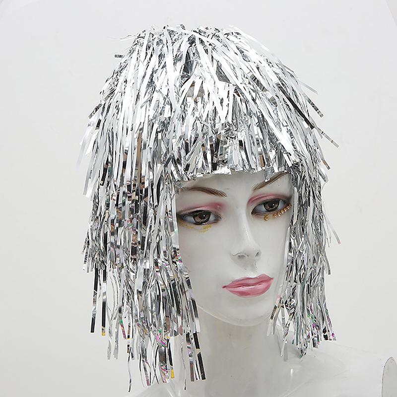 Folie Lametta Perücken Kostüm Cosplay Lustige Glänzende Hut Metallic Haar Zubehör Für Party Karneval Maskerade Perücke silber