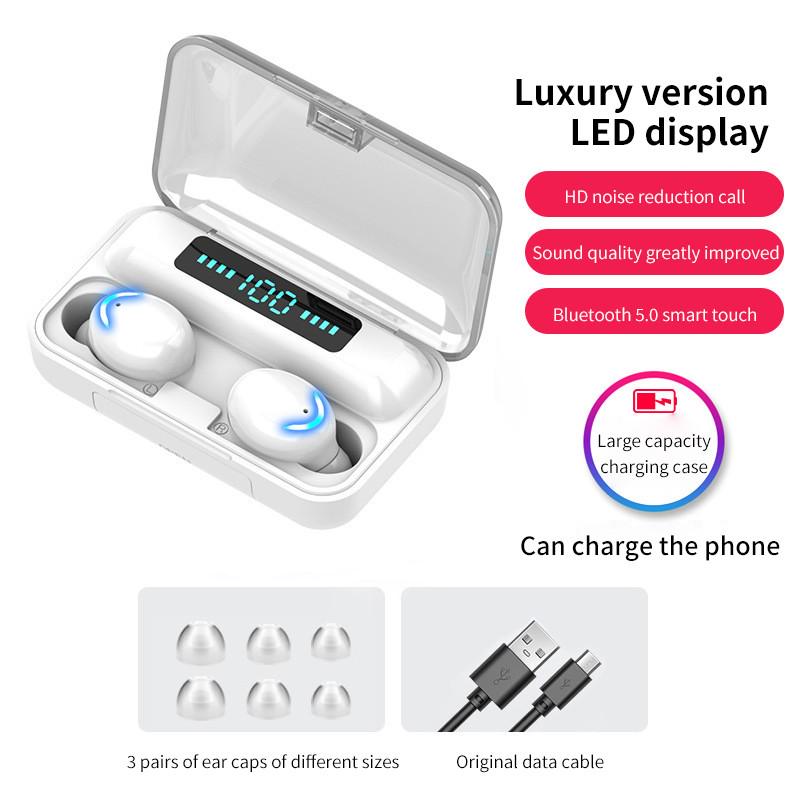 F9 HiFi Bluetooth 5.0 CVC8.0 Rauschunterdrückung Stereo-Bluetooth-Headset mit Ladehülle für die Power Bank weiß