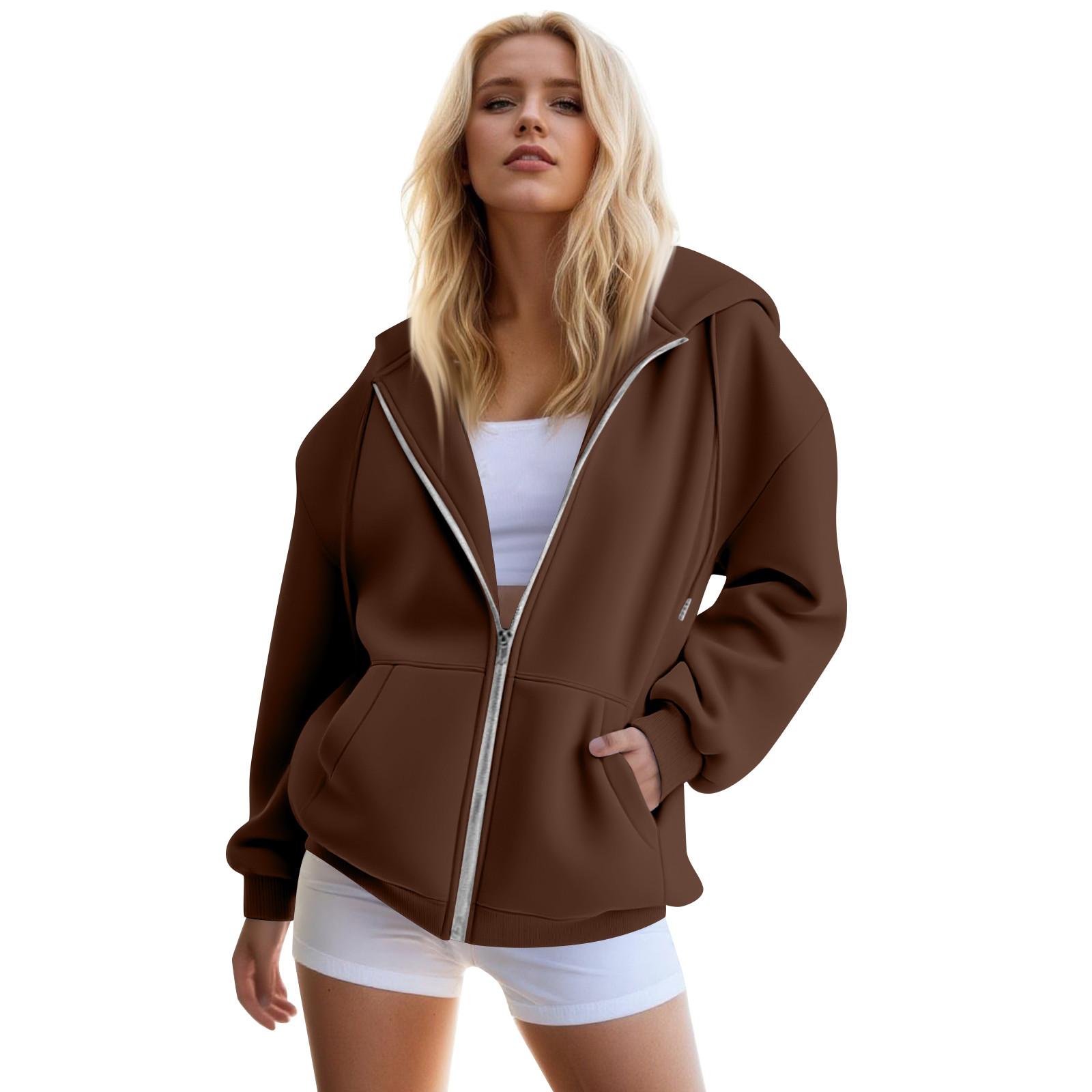 Damen Zip-Up Hoodies Übergroße Sweatshirts Herbstmode Outfits Lässige Jacken M braun
