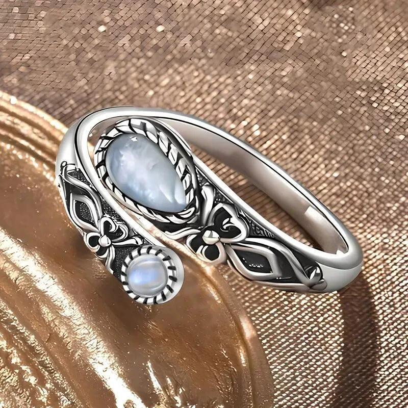 Ring,Mondsteinring,Silberfarbe,verstellbarer Ring,Boho,Vintage,Löffelring,Schmetterling,synthetischer Stein,Geschenk silber