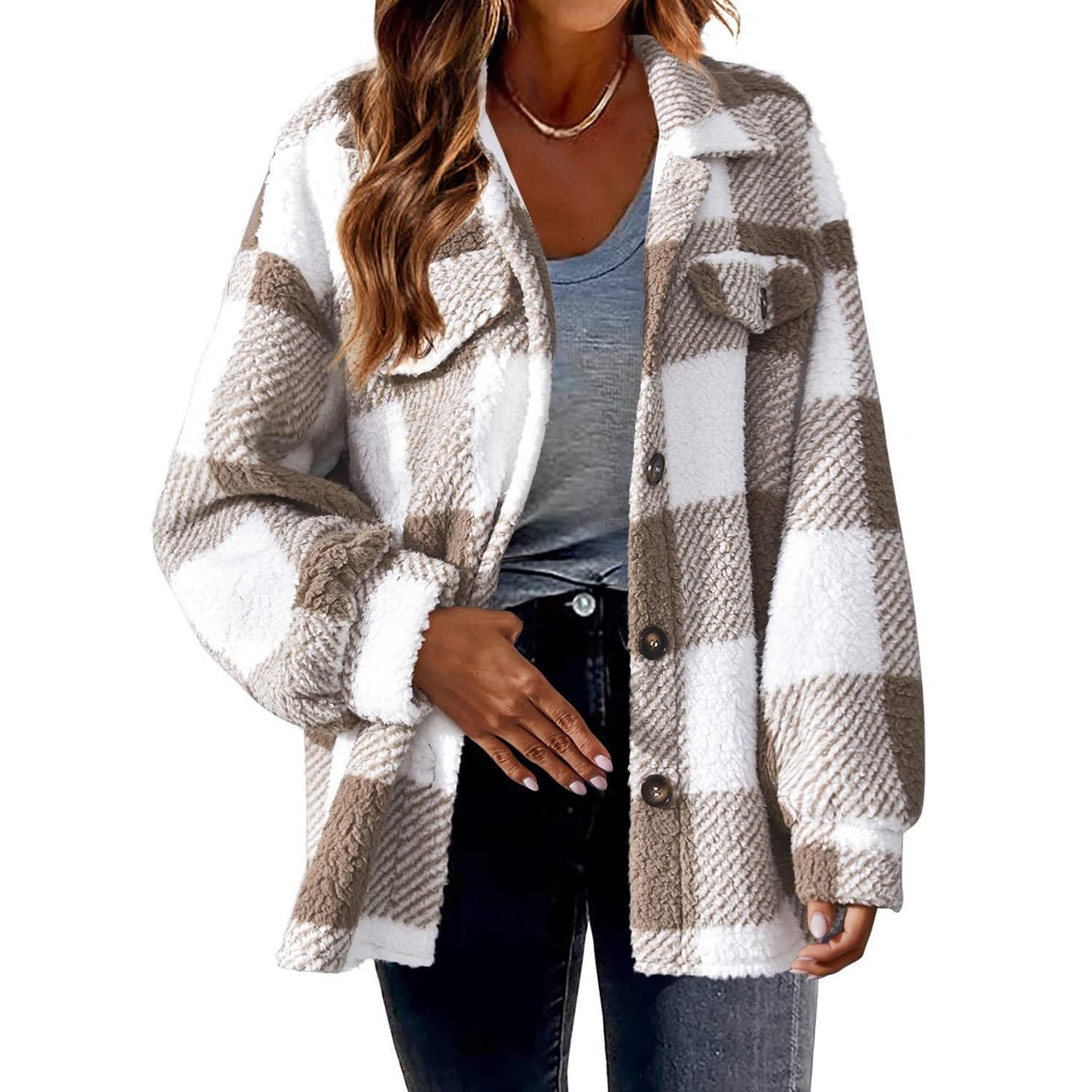 Damen Fleece Herbst Winter Karierte Jacke Mantel Langarm Einreiher Knopf Mode Lässig Locker Mäntel Jacken Oberbekleidung XS khaki