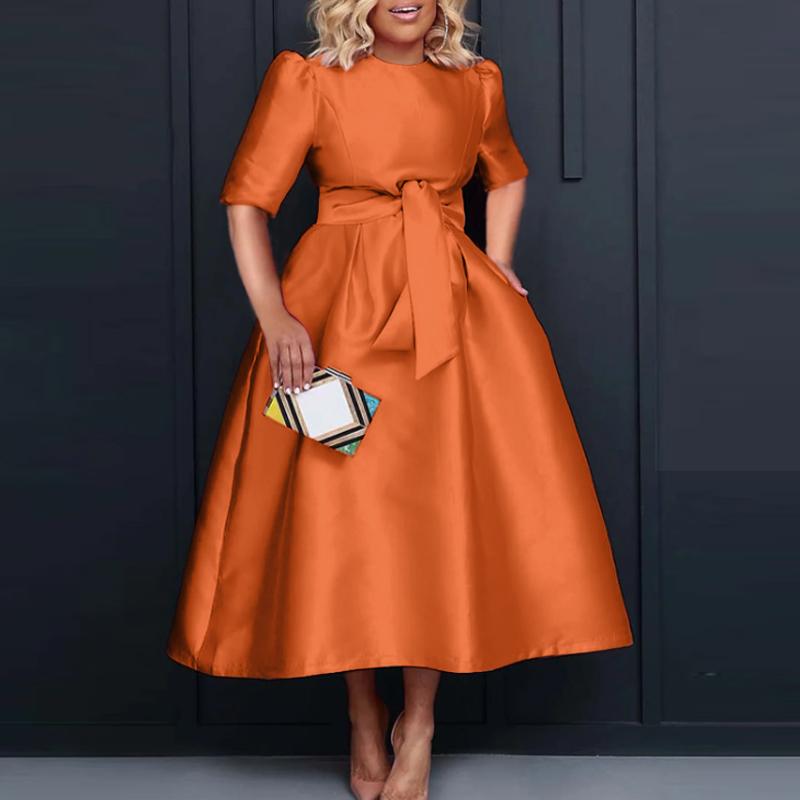 VONDA Damen Große Größe Rundhals Kurzarm Krawatte Einfarbig Lose Kleider M orange