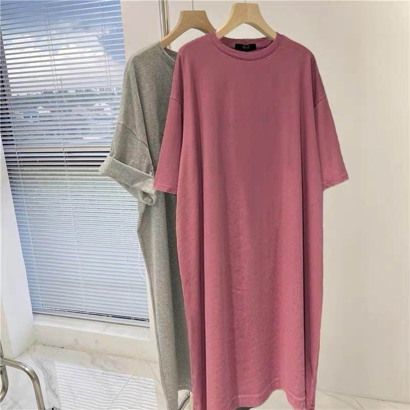 Übergröße Kurzarm Freizeitkleid Damen Sommer Locker Einfarbig Mittellang Knielang Geschlitzt T-Shirt Kleider M pflaume