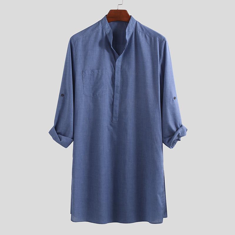 INCERUN S-5XL Herren Regular Fit Kragen Kurta Muslimische Kleider Abaya Kaftan Langarm Herrenhemd M blau