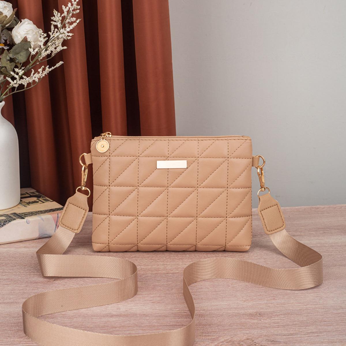 Damen, Patchwork-Karomuster, Umhängetasche, Abnehmbarer Schultergurt, Reißverschluss, Tägliche Handtasche, Kompakte Handtasche, Essentiell für den täglichen Gebrauch apricot