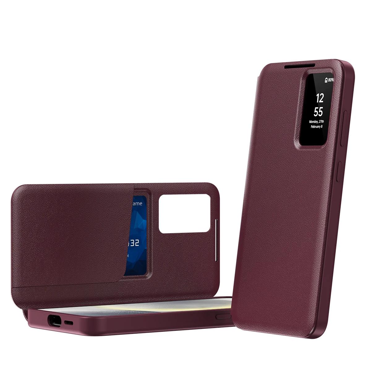 Flip Leder Fenster Kartenfach Halter Handyhülle für Samsung Galaxy S25 S24 Ultra S23 S22 Plus Brieftasche Sturzsichere Schutzhülle Galaxy S23