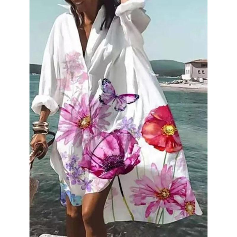 Übergroße lockere, lässige, ästhetische Sommerkleider, sexy Strandhemdkleid, böhmisches Langarmkleid, elegantes Vestidos de Mujer XXXL rosa