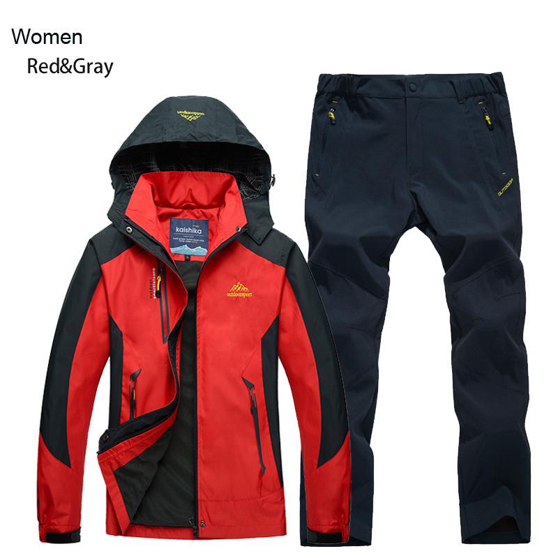 Damen Jacke Hose Wander Set Camping Frühling Herbst Outdoor Wasserdicht 20000MM Winddicht Anzug Trekking Mantel Hose XL red