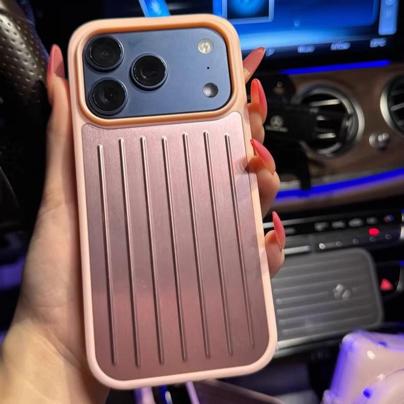 3D Wellenstreifen Für RIMOWA Business Gepäckabdeckung Für IPhone 17 Pro Max 16 15 14 13 Original Geschenkbox Aluminiumlegierung Erhöhter Linsenschutz Case iPhone 16 Pro rosa