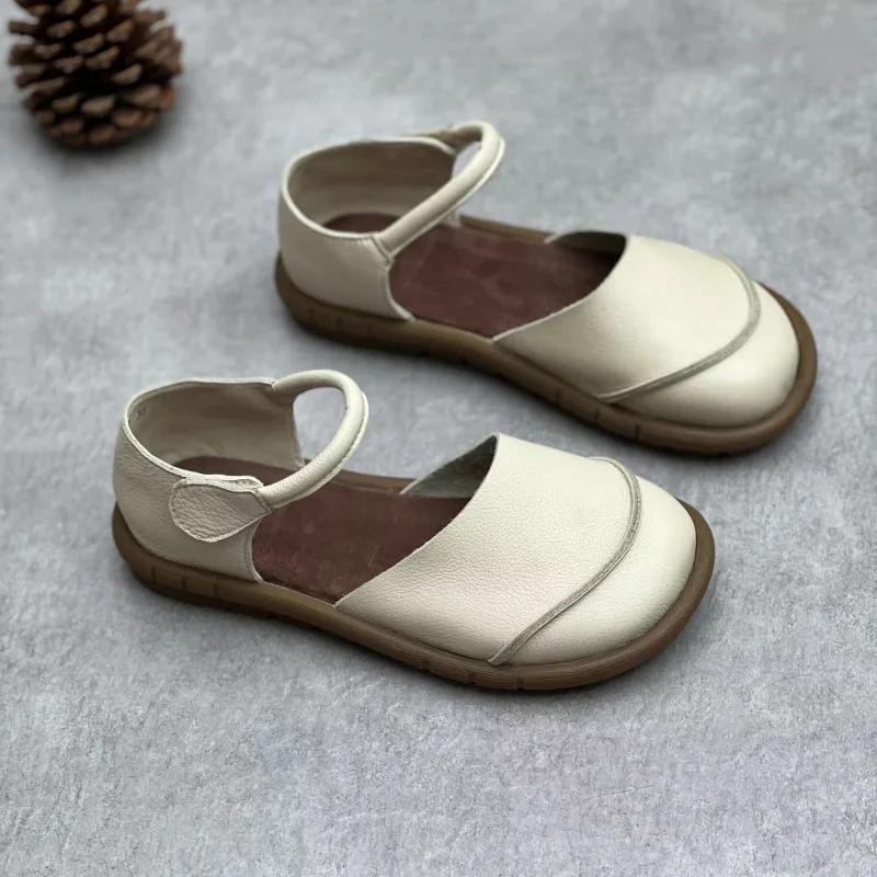 Mode Weiches Leder Damen Ballerinas Retro Handgefertigt Bequem 2025 Sommer Echtes Leder Mode Schwarz Lässige Sandalen Damen 37