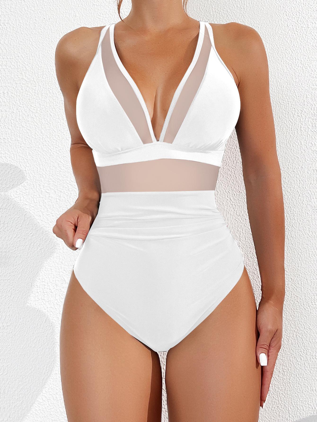 Damen-Badeanzug, schwarzes Netz, rückenfrei, sexy Bikini, einteiliger Badeanzug für Damen, Strandmode, Badeanzüge M weiß