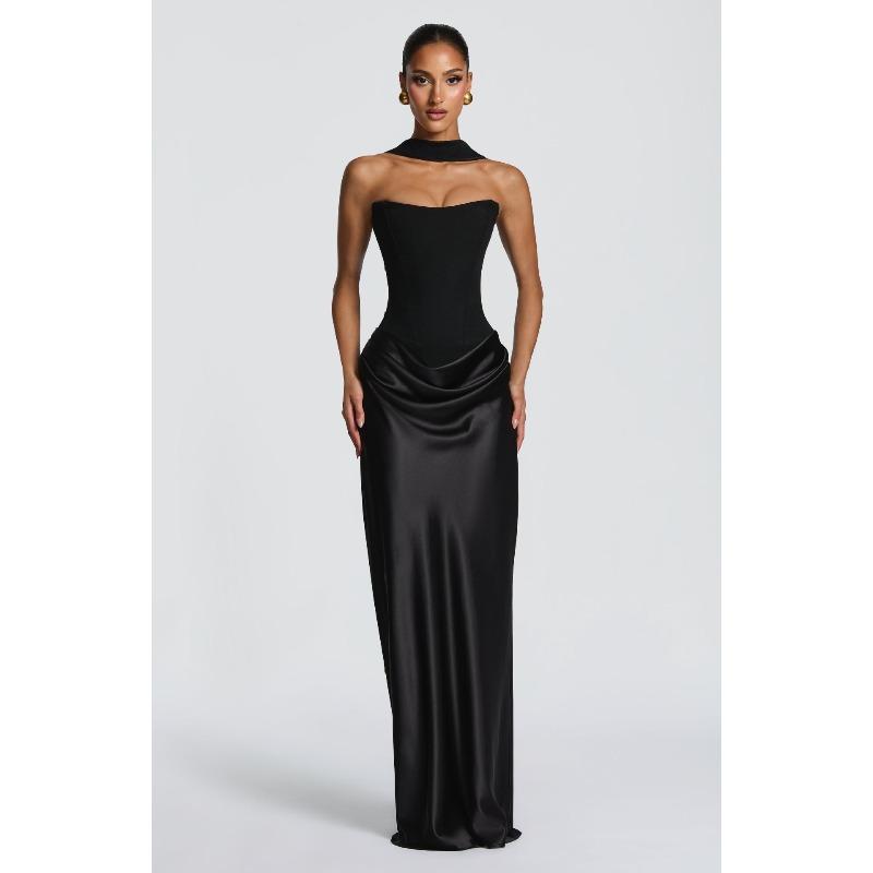 Neues Einfarbiges Taillen Sexy Schlauchoberteil Hüft Langes Kleid Kleid Satin Schnürung Streamer Kleid L schwarz