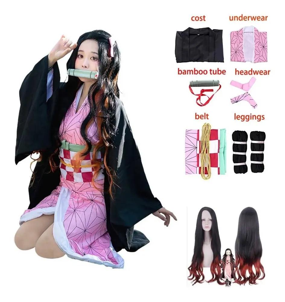 Erwachsene Frauen Anime Dämon Slayer Kamado Nezuko Cosplay Perücke Lange Lockige Kostüm Kimono Kostüm Kleidung Kinder Mädchen 130cm