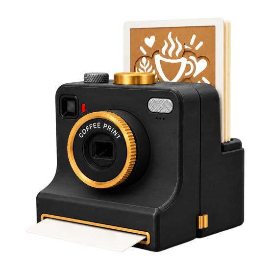 Latte Art Kamera 3D-gedruckte Kamera, Manuelles Kaffeepulver-Drucker mit Retro-Design-Werkzeugschablonenkarten, Kakao-Zimt-Schablonenhersteller für Cappuccino schwarz