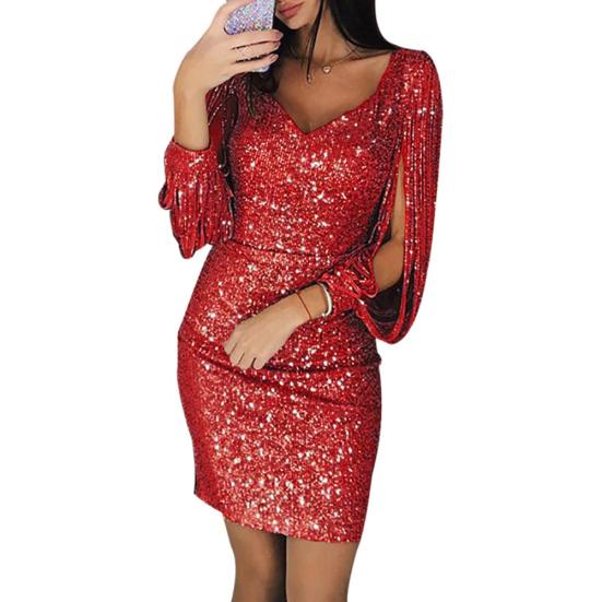 Party Damen Glitzer V-Ausschnitt Ausgeschnitten Quaste Langarm Bodycon Mini Kleid Abendkleid XL rot