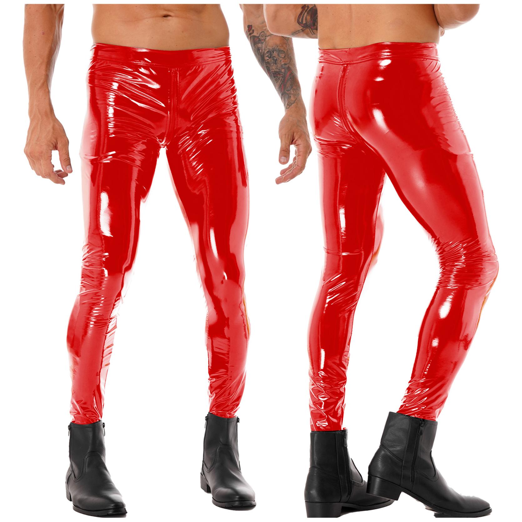 Herren Motobiker Skinny Hosen Zwei-Wege-Reißverschluss im Schritt Hosen Männliche Leggings Motorrad Party Strumpfhosen Hosen Lackleder Clubwear S rot