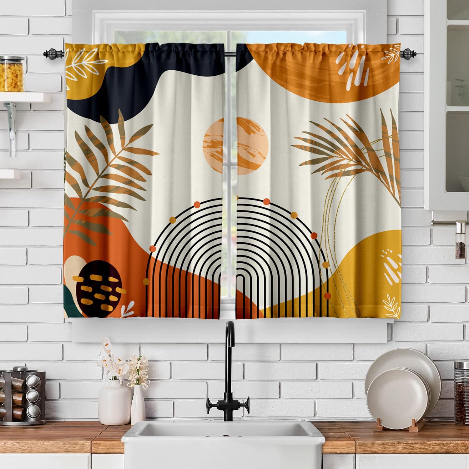 Boho Mid Century Abstrakte Blätter Vorhänge Regenbogen Wohnzimmer Vorhang Gebranntes Orange Vorhänge Für Schlafzimmer Modern Geometrische Drapierungen 130x160CM-2PC