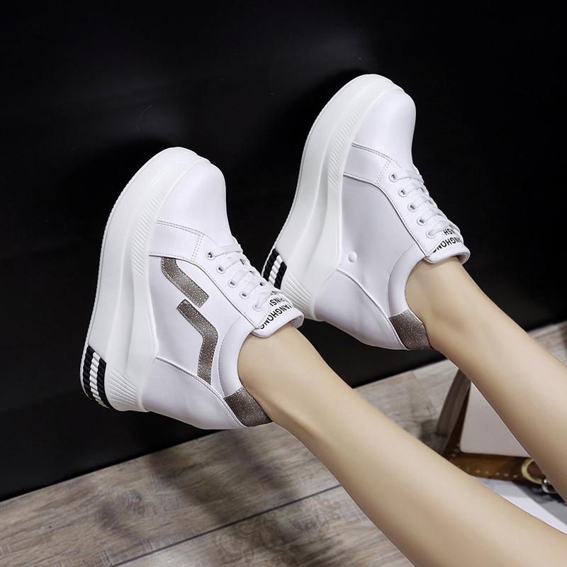 Modische Damen Plateau-Sneaker 11CM Herbst Versteckter Absatz Lässige Weiße Sneaker Für Frau Klobige Schuhe High Heels Damen Sneaker Schuhe 34 graue