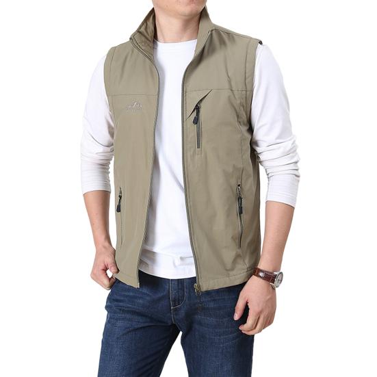 Herren Sommer Weste Revers Ärmellose Weste Mantel mit 2 Taschen Reißverschluss Jacke Cargo Mantel Streetwear L khaki