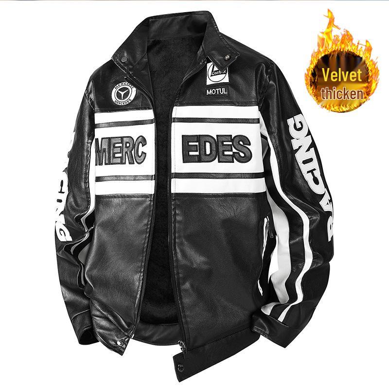 Mercedes-Benz Jugend Trendy Fleecegefütterte Bestickte Motorrad-Lederjacke - Herren Übergröße Erhältlich Large schwarz