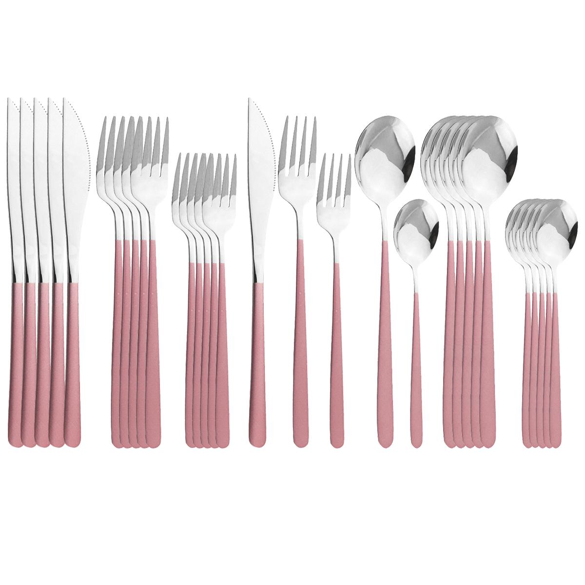 30-teiliges Spiegel-Schwarz-Gold-Besteck-Set aus 304 Edelstahl, Geschirr, Besteck-Set, Abendessen, Messer, Gabel, Gold-Löffel-Set rosa/silber
