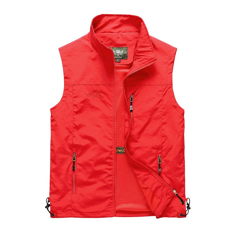 Herren Weste Frühling Sommer Outdoor Freizeit Schnelltrocknende Weste Einfache Mode Stehkragen Weste Ärmellose Jacke mit Taschen 3XL rot