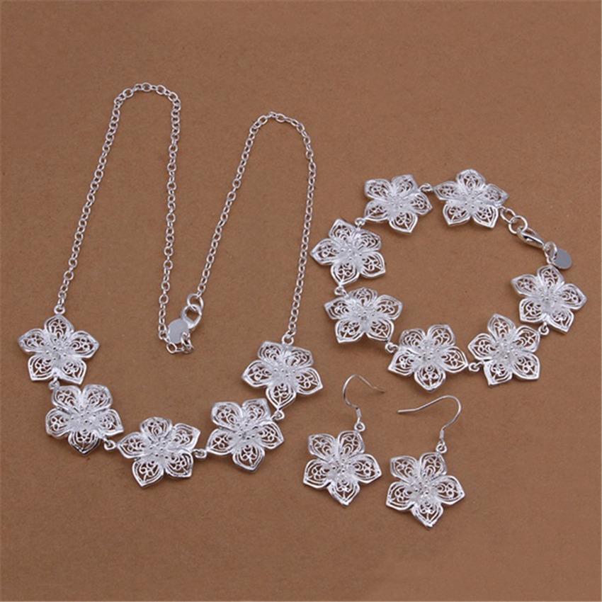 925 gestempelt Silber Frauen Dame Hochzeit Schmuck Eleganz Blume Halskette Armbänder Ohrringe Modeschmuck Set 45 cm 20 cm