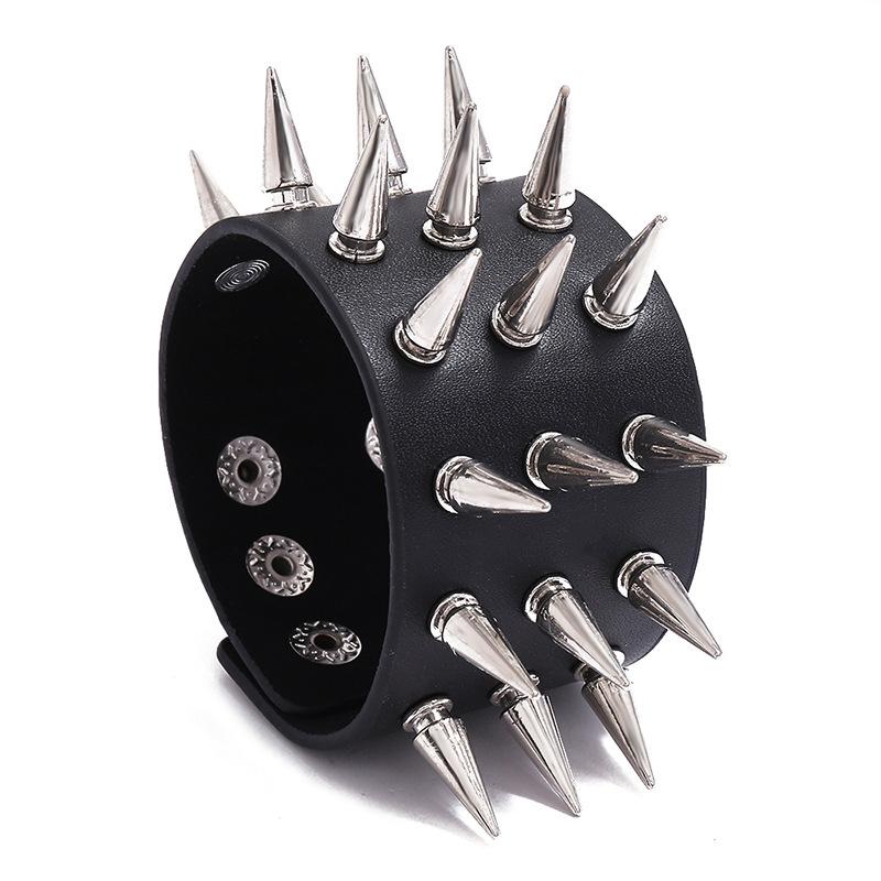 Punk-Stil Armband Leder Nieten Armband Zackige Spikes Nieten Nieten Breite Manschette Schwarzes Armband Verstellbar Herren Armband gray