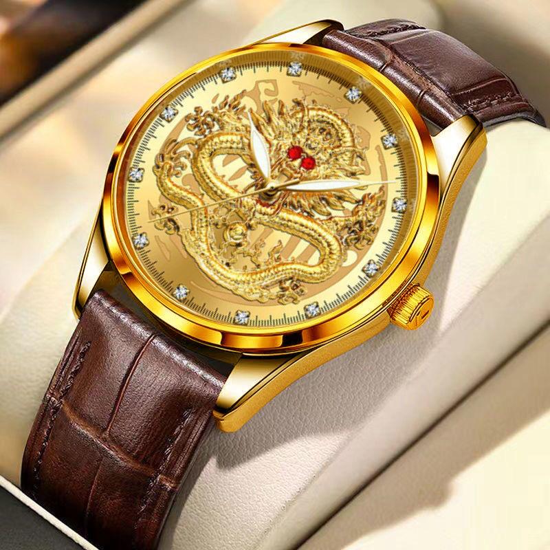 Neue Mode Automatische Nicht-mechanische Wasserdichte Herrenuhr Hochwertige Goldene Drachen Quarz Herrenuhr beige