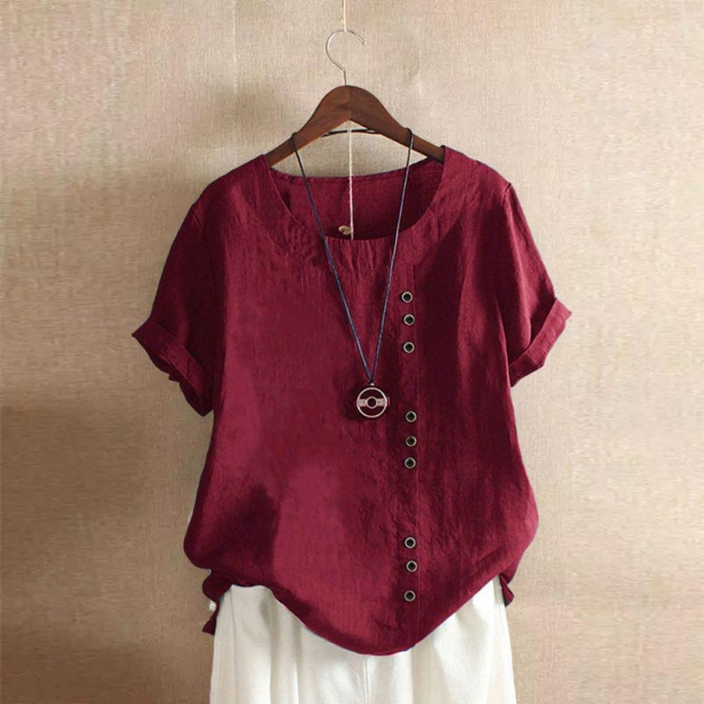 GMXIA Damenmode, lässig, Sommer, einfarbig, bedruckt, kurzärmelig, O-Ausschnitt, Blusen und Hemden XL bordeaux