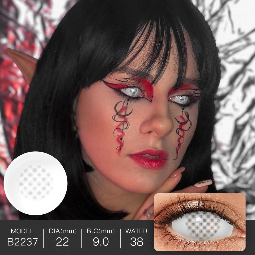 22MM blinde weiße Sclera-Kontaktlinsen, verrückte gelbliche Halloween-Kontaktlinsen, ganz weiße Mesh-Cosplay-Augenkontakte, volles Auge 22MM weiße glitzer