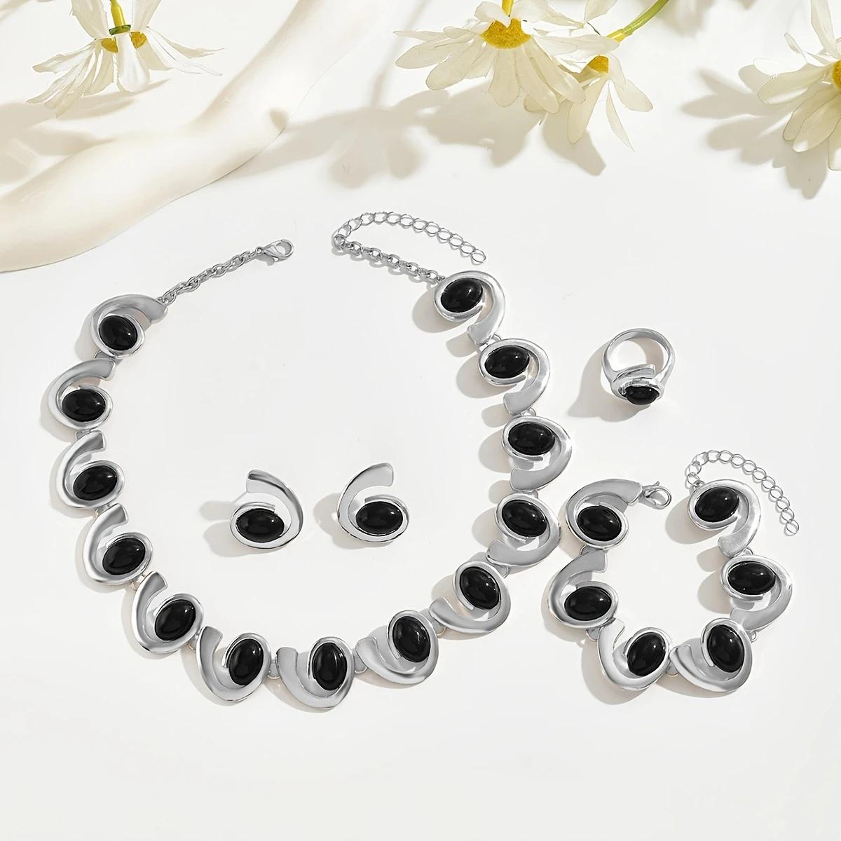 4 Stück/Set Silber Damen Mode einfache Halskette Ohrringe Armband Ring Set weiß