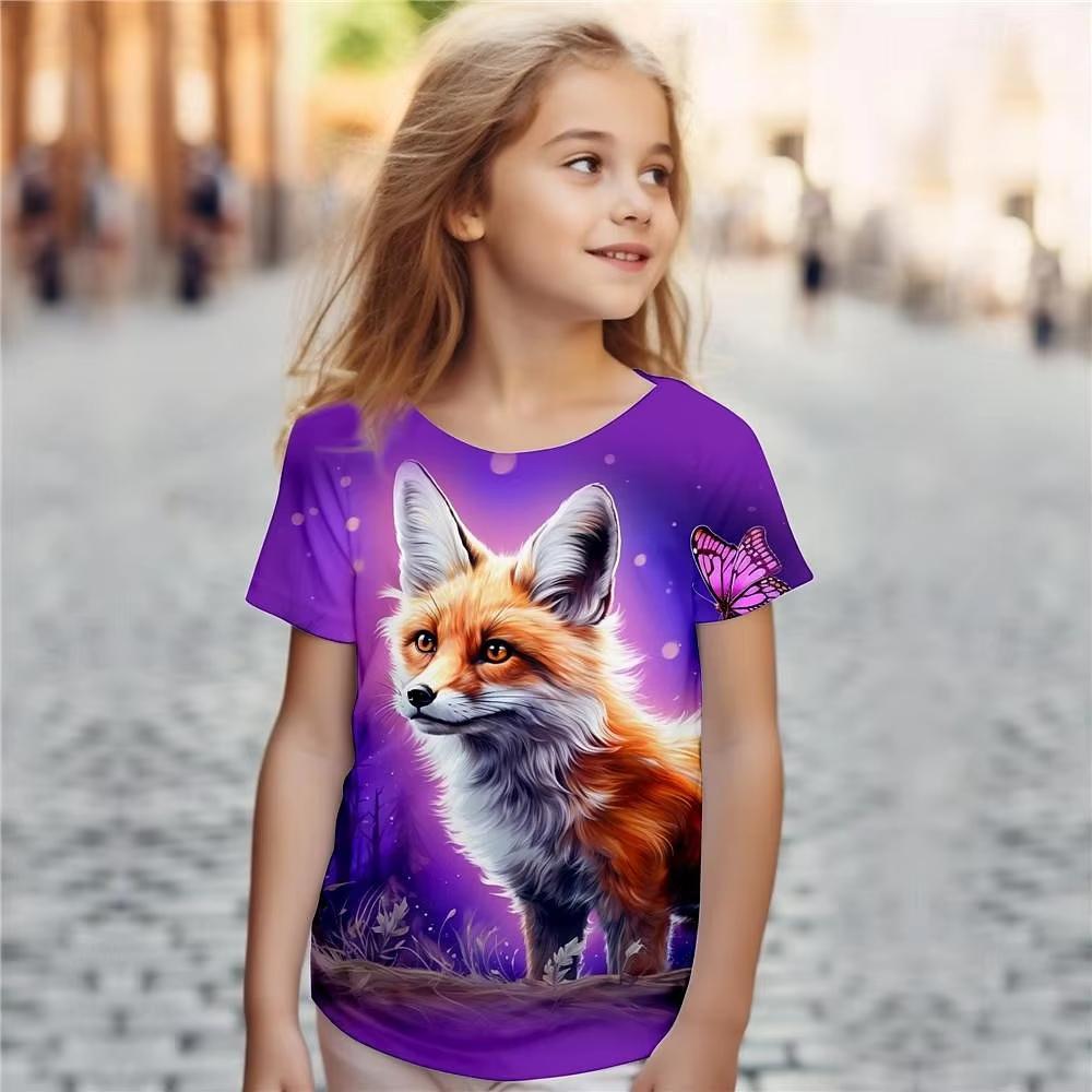 Mädchen Kinder Kleidung Druck Tier Fuchs Cartoon Rundhals Kurzarm Grafik T-Shirts Sommer Mode Outdoor T-Shirt für Mädchen 150