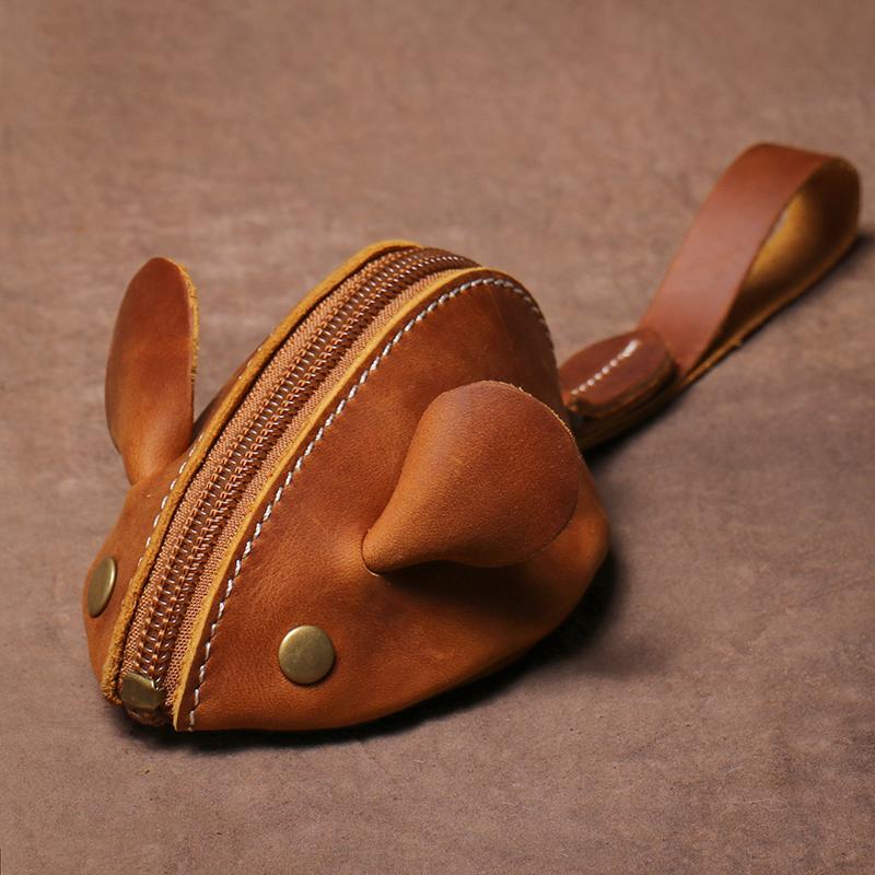 Echtes Leder Maus Münzgeldbörse Kleine Münzen Tasche Kreative Schlüsseltasche Reißverschluss Aufbewahrungstasche Cartoon Kinder Geldbörse braun