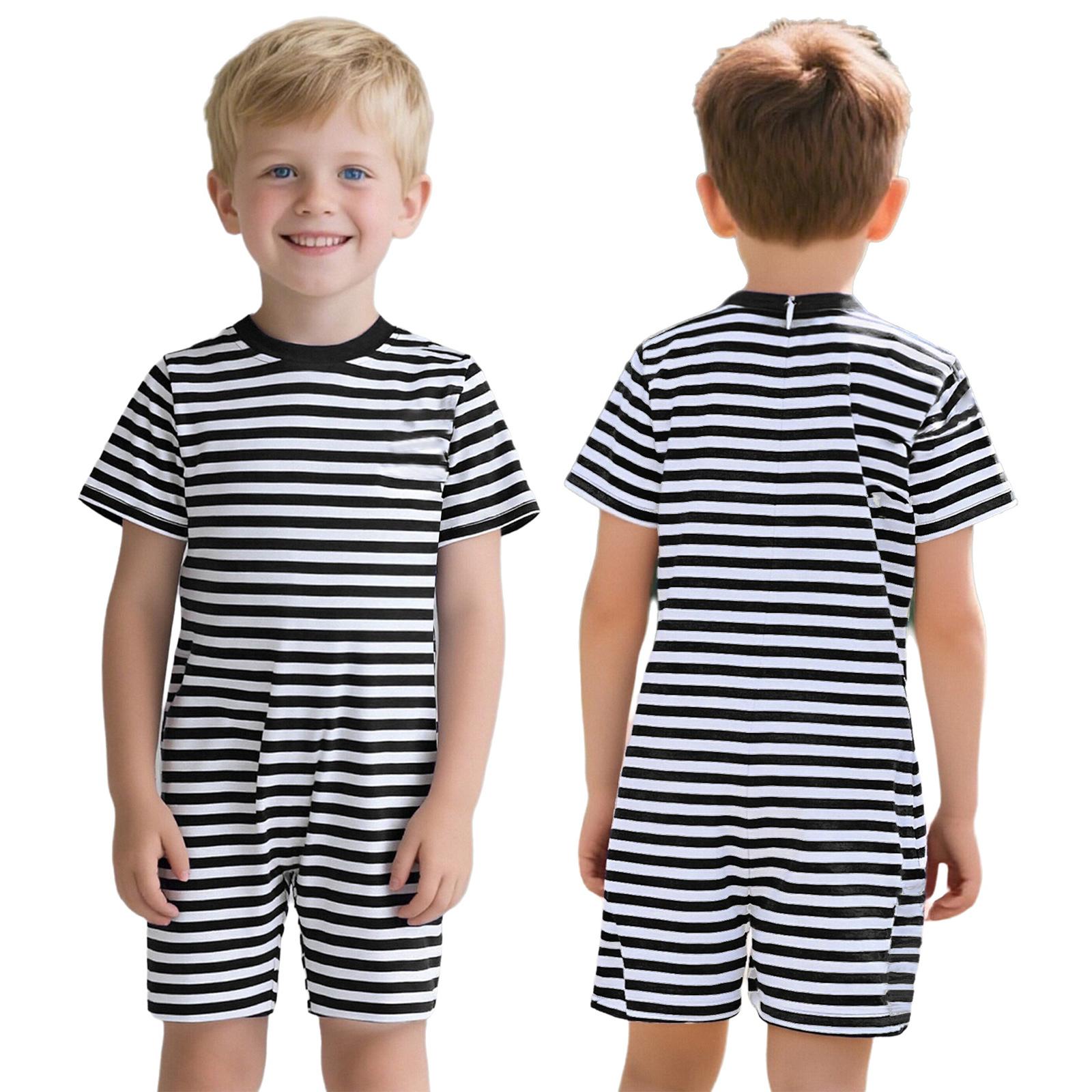 Unisex Kinder spezieller Bedarf Anpassbarer Overall: Rundhals, Kurzarm, Oberschenkellang, Anti-Strip Rücken, Verdeckter Reißverschluss, Gestreift 9-10 Years schwarz