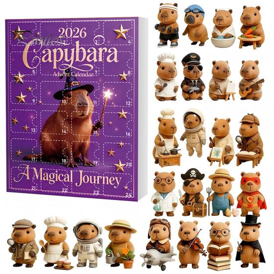 Schreibtisch-Dekorationsfiguren 2026 Weihnachtskapybara Adventskalender, 24 Tage Countdown mit Feiertags-Geschenkbox für Kinder Niedliche 2D Hängende Ornamente, Klein I