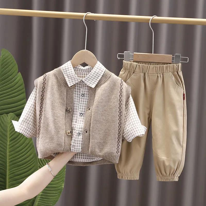 Dreiteiliger Anzug für Jungen und Mädchen, koreanischer Pullover, Weste, Anzug für Frühling und Herbst, lockerer Anzug, Hemd, Hose, Freizeitanzug 80