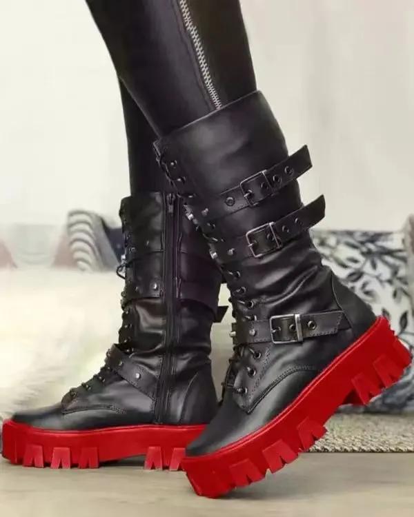 Damenschuhe Neue überkreuzte Damenstiefel Mode Seitlicher Reißverschluss Moderne Stiefel Damen Hochwertige Gürtelschnalle Mittelhohe Stiefel 35 rot