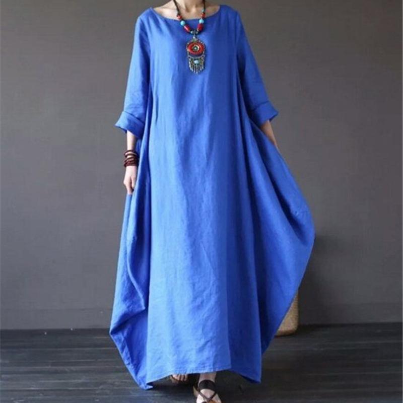 Vintage Baumwolle Leinen Übergroßes Strand Maxikleid Damen Casual Street Langarm Kleider Robe Kleidung XXXL blau