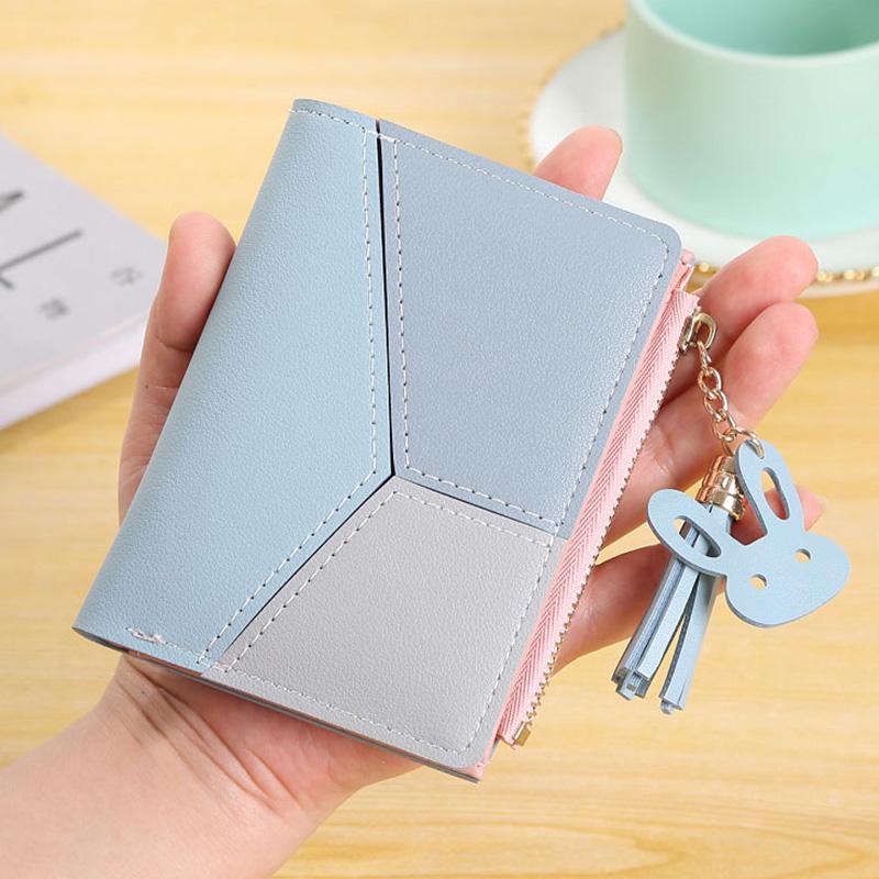 Kurze Brieftasche für Damen, PU-Leder, Spleißen, Reißverschluss, Quaste, Kartenhalter, Geldbörse, trendige Mode-Geldbörse blau