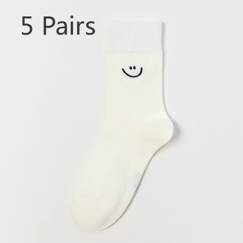 5 Paar Graue Socken Herbst und Winter Damen Baumwollsocken Mid-Calf Socken Bestickte Smiley Socken Anti-Pilling Herren- und Damensocken 5 pairs elfenbein