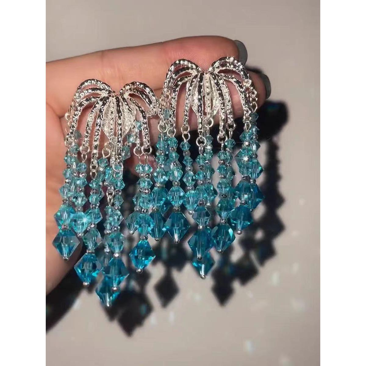 Französische leichte Luxus blaue Feuerwerk Wasserfall Fransenohrringe Damen Nischenpersönlichkeit Übertrieben High-End Lange Ohrringe Ohrringe