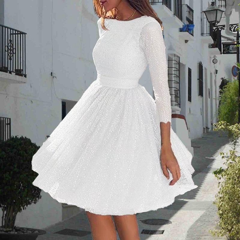 Damen Mode Langarmkleid Hohe Taille Abendkleid Cocktailkleid Damen Mode Kleider Setzen Sie Noch Einen drauf XXL weiß