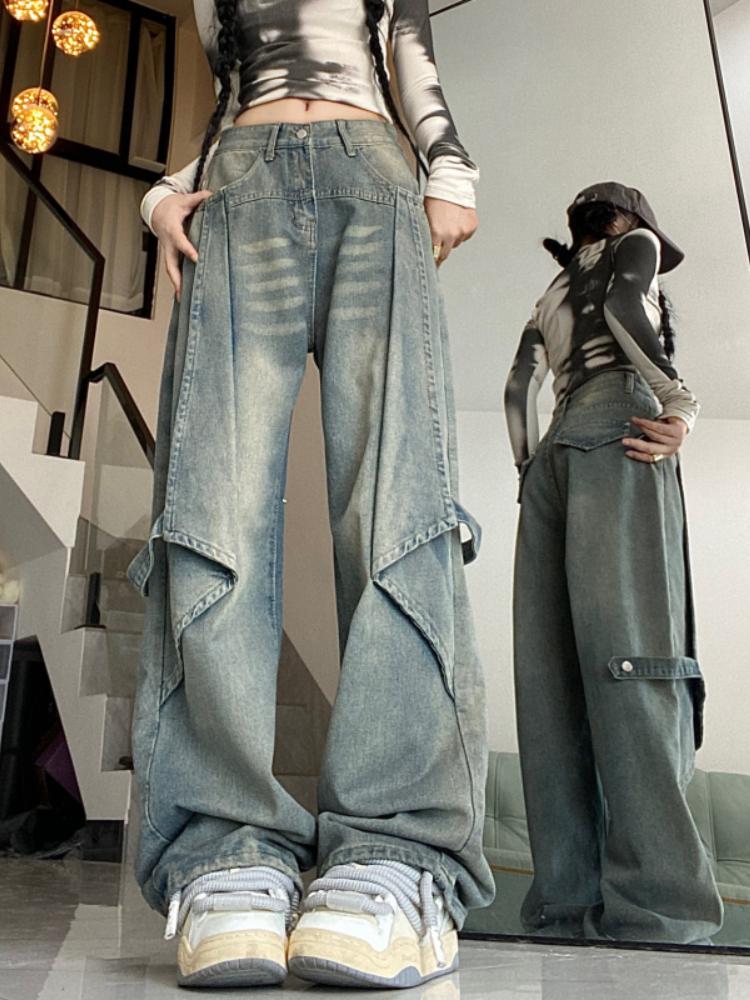 Blaue amerikanische Vintage-Jeans mit hoher Taille, schicke Jeans für Damen, Y2K-Streetwear, Hose mit weitem Bein, weibliche 90er-Jahre-Design, lässige Baggy-Jeans M blau