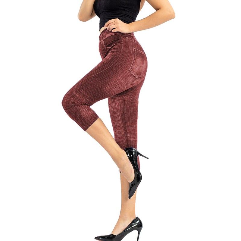 Damen-Leggings mit Denim-Aufdruck, modische schlanke Leggings, Faux-Jeans-Leggings, Stretch-bedruckte kurze Leggins-Hosen XXXL rot