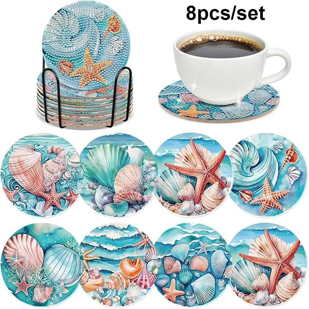 8 Stück/Set Diamantbemalte Untersetzer mit Ozeanmuster, DIY Untersetzer mit Halter, Geeignet für Anfänger und Erwachsene, Kunst- und Bastelbedarf Geschenke 8PCS/Set