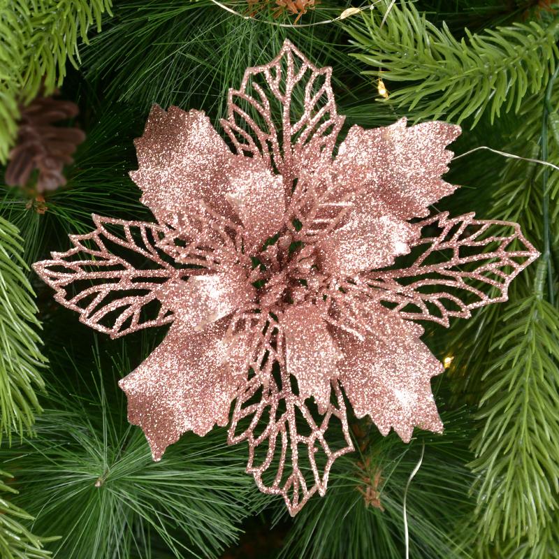 5 Stück 9-16cm Glitzer Künstliche Weihnachtsblumen Weihnachtsbaumschmuck für Zuhause Kunstblumen Weihnachtsornamente Neujahrsdeko 9cm rose gold