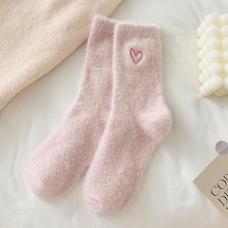 Damen Herbst und Winter Mitte Wade Verdickt Warm Nerz Samt Flor Socken Einfarbig Bestickt Home Boot Socken Socken one size rosa